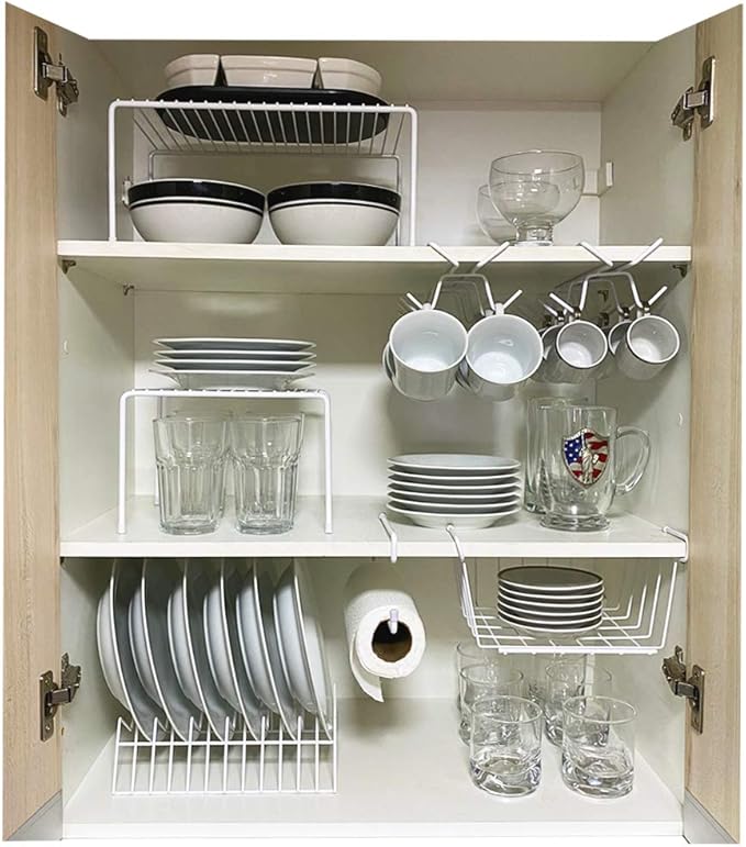 Kit Organizador para Cozinha Armário Prateleira Aramado Armazenamento Xícaras Porta Pratos Cesto 7 Un - Branco